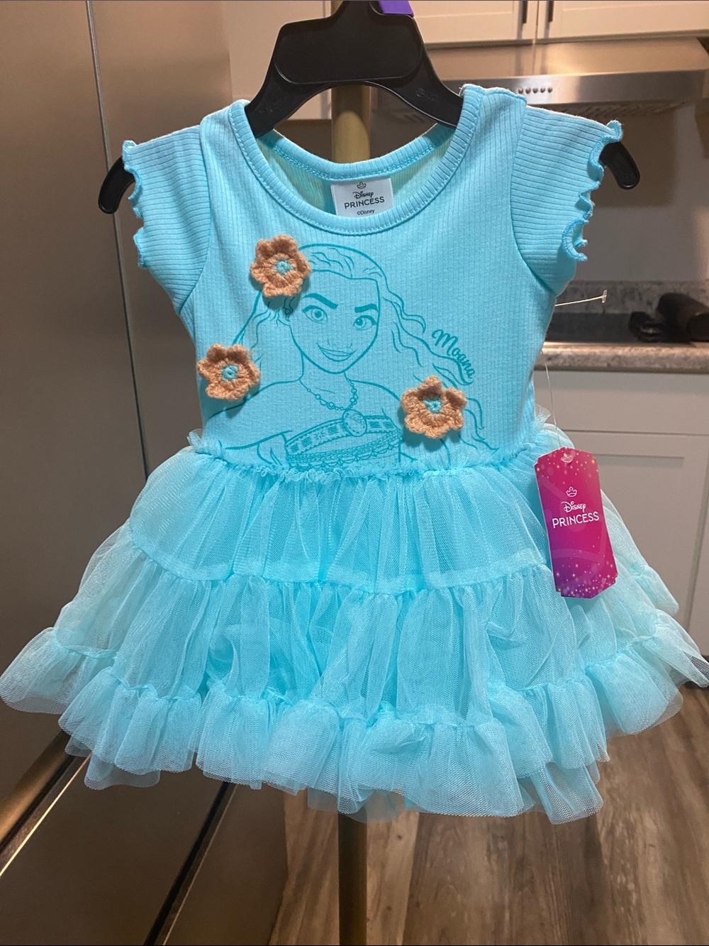 Disney Aqua Tulle Ruffle Princess Dress with Flower Appliqués Moana 12montbs NWT